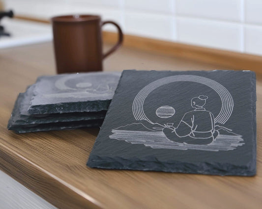 Meditation Sunrise Slate Coaster Set of Four - Scott Engraving - Engraved