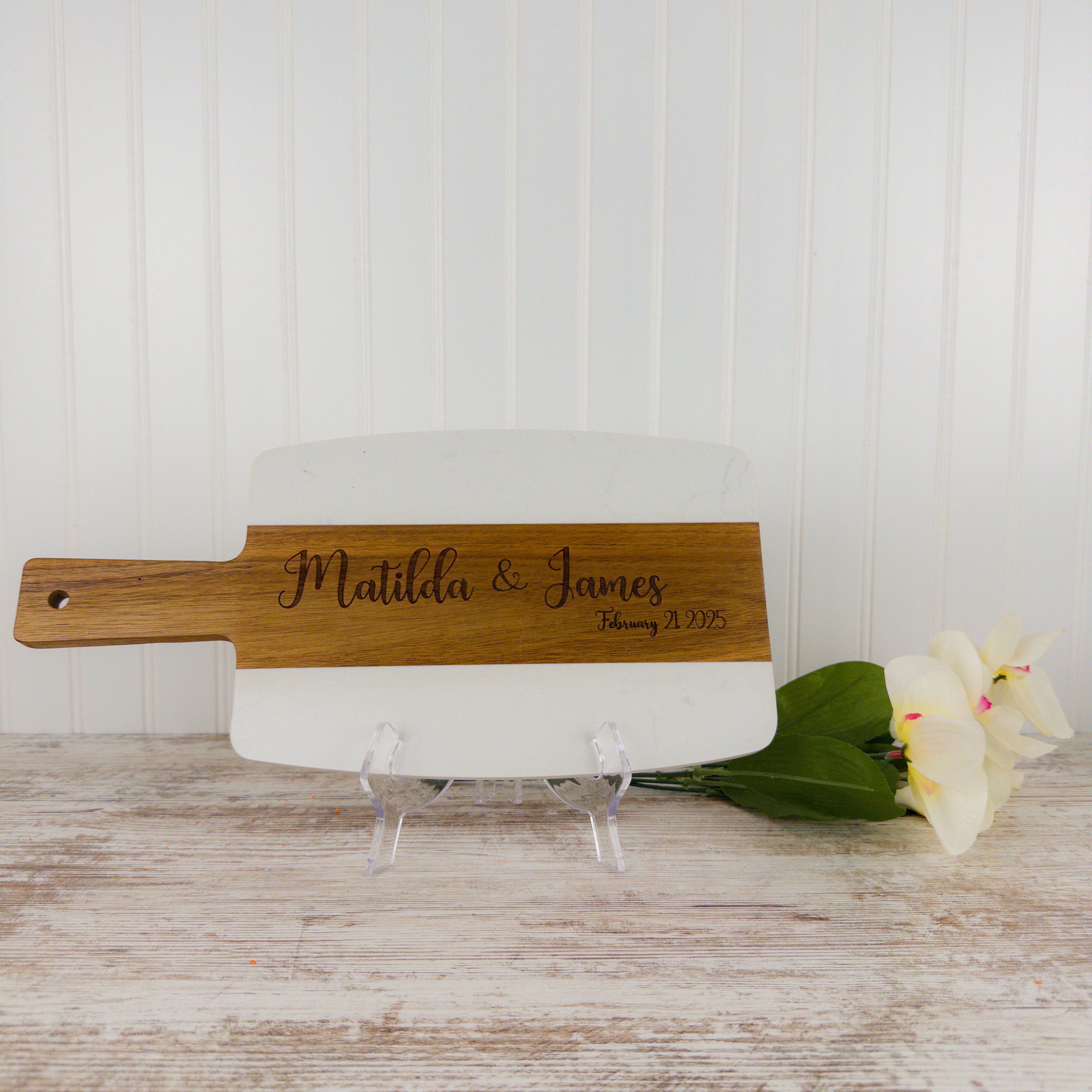 Acacia and Marble cutting board personlized with a couple's name