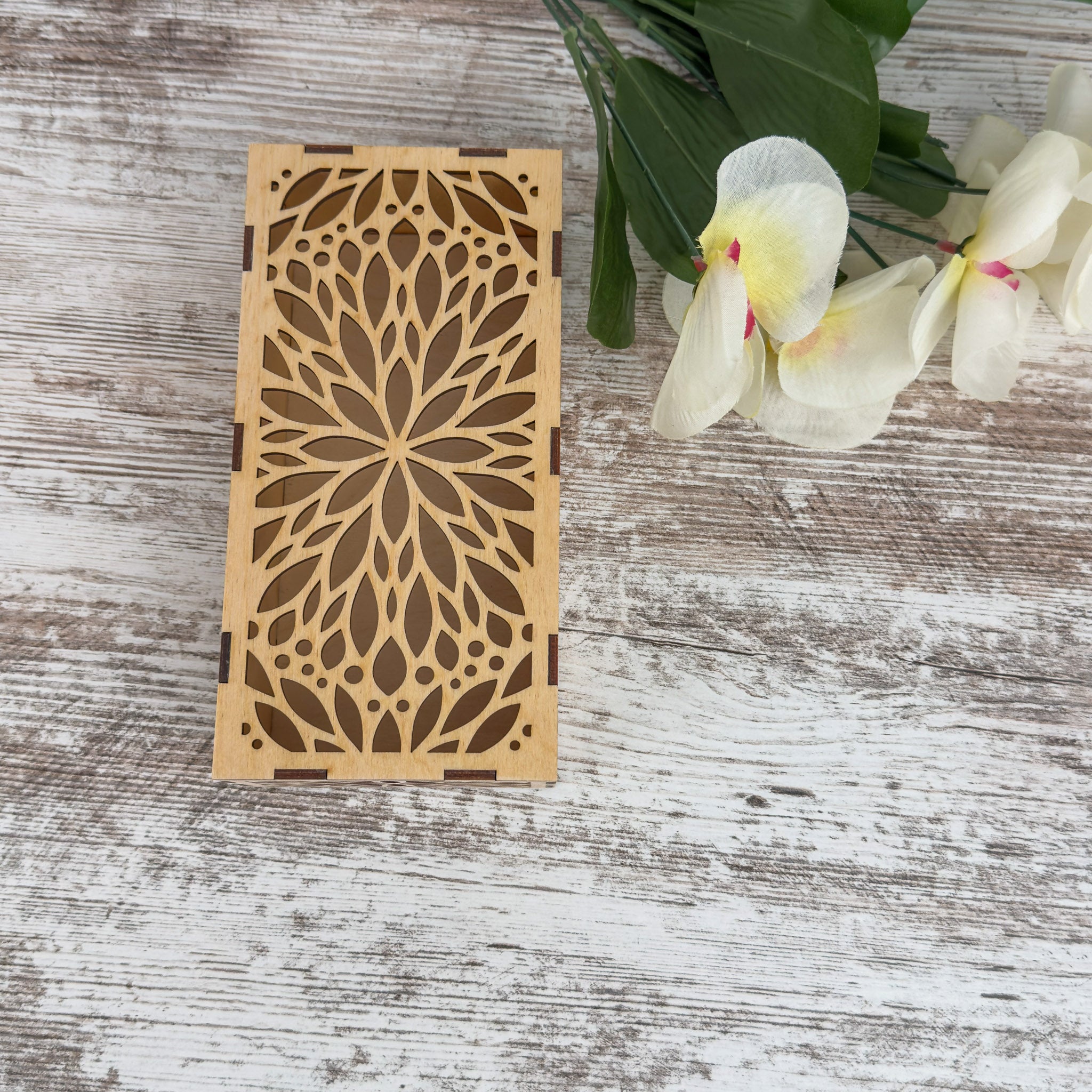 Decorative Laser Cut Wooden Gift Box – Baltic Birch with Optional Walnut Ribbon