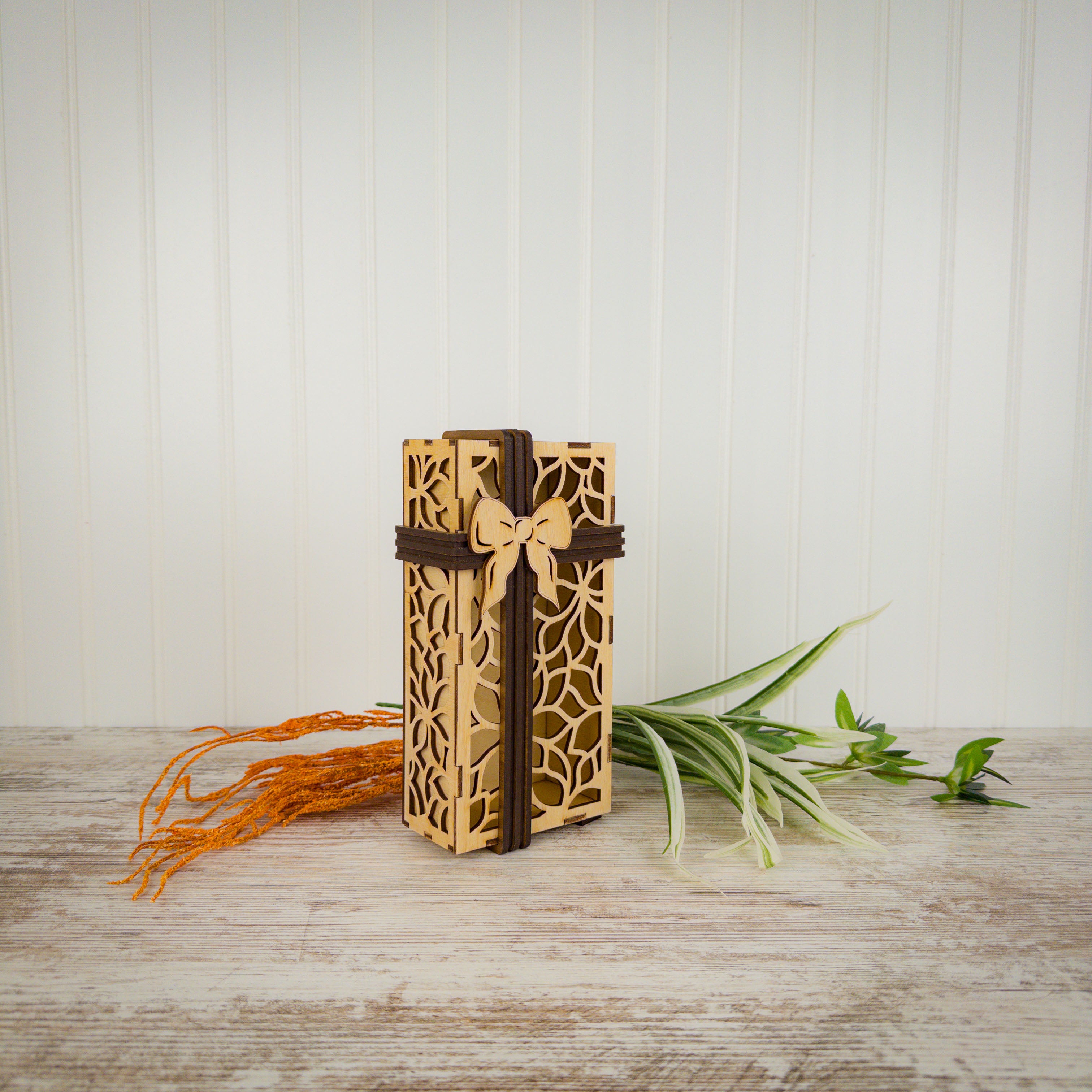 Decorative Laser Cut Wooden Gift Box – Baltic Birch with Optional Walnut Ribbon