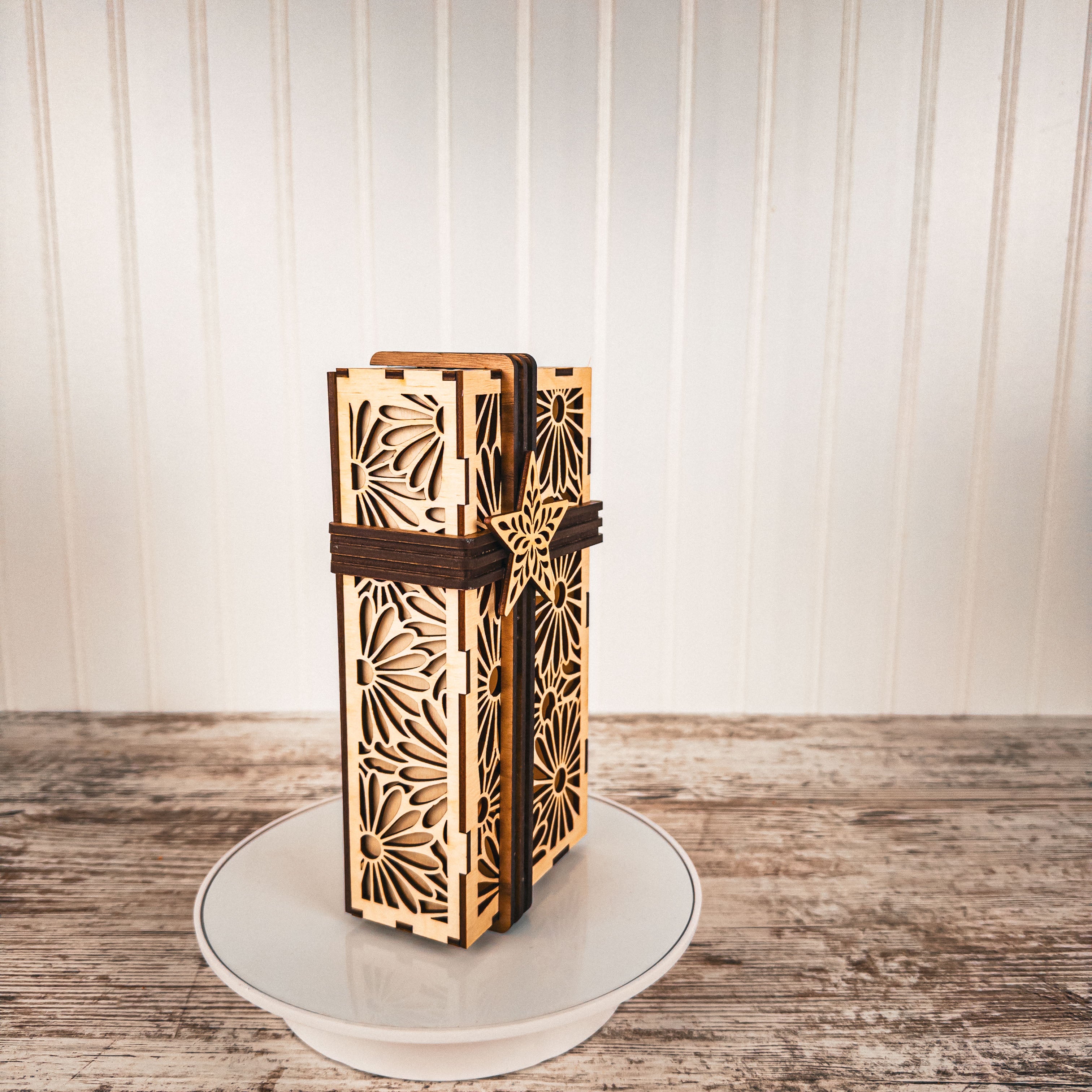 Decorative Laser Cut Wooden Gift Box – Baltic Birch with Optional Walnut Ribbon