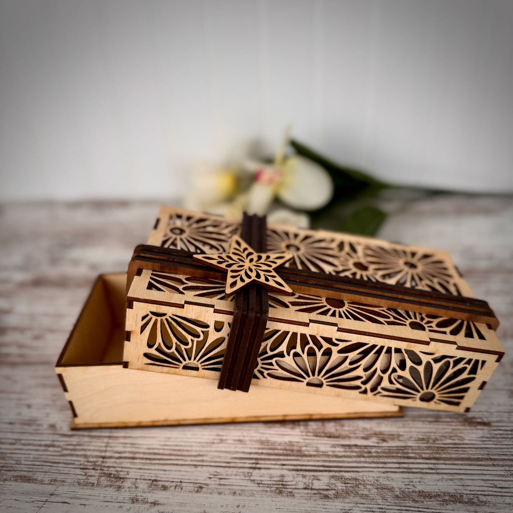 Decorative Laser Cut Wooden Gift Box – Baltic Birch with Optional Walnut Ribbon