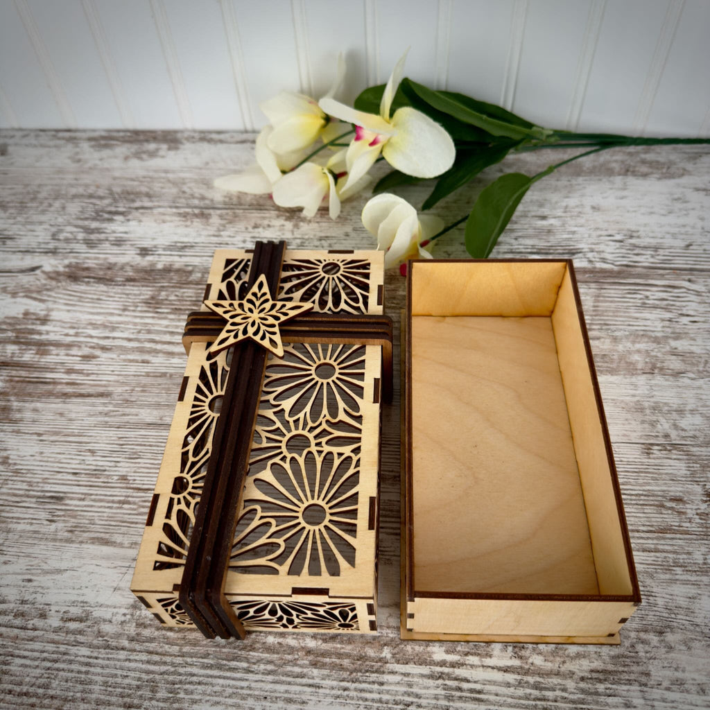 Decorative Laser Cut Wooden Gift Box – Baltic Birch with Optional Walnut Ribbon