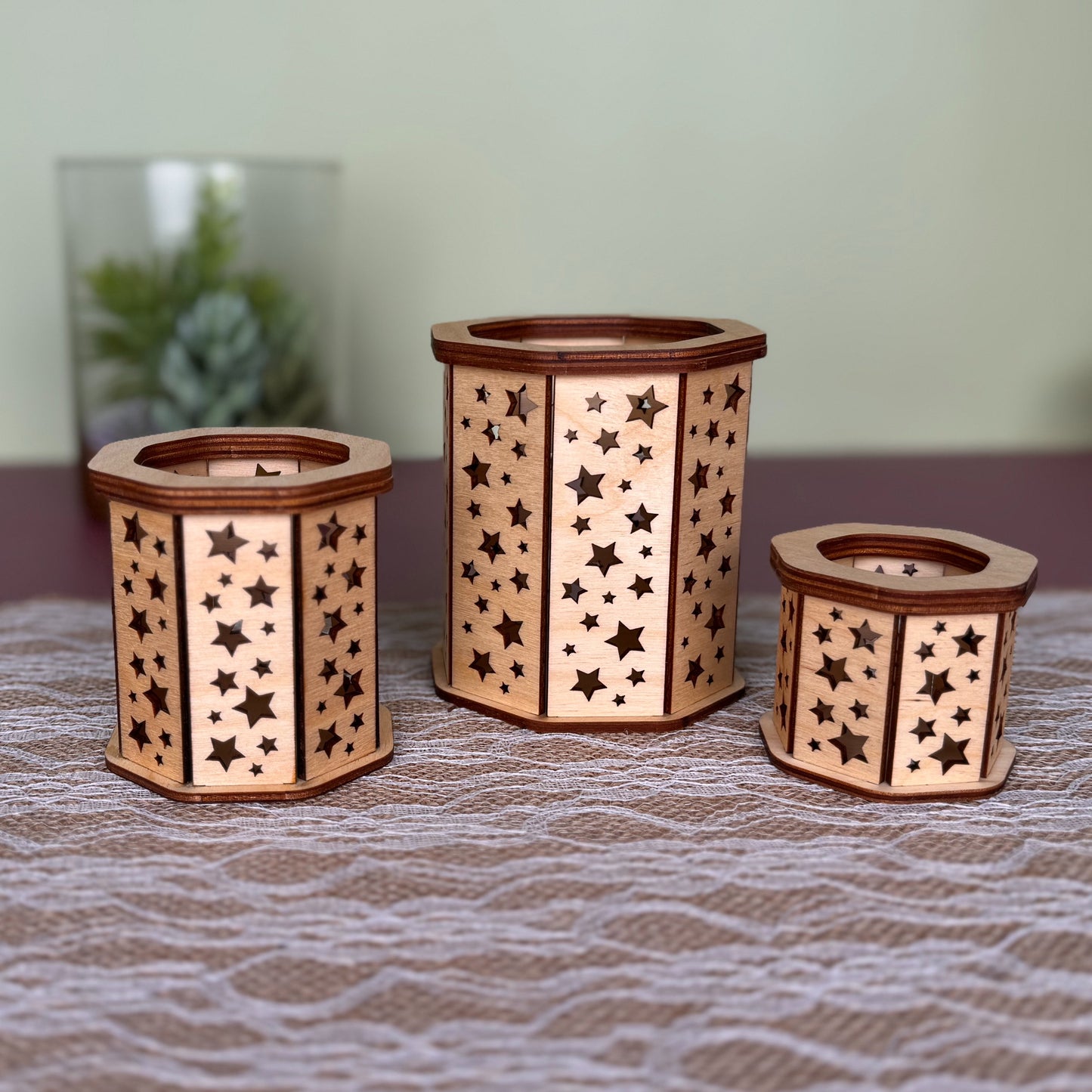 Decorative Wooden Candle Holder Set of 3