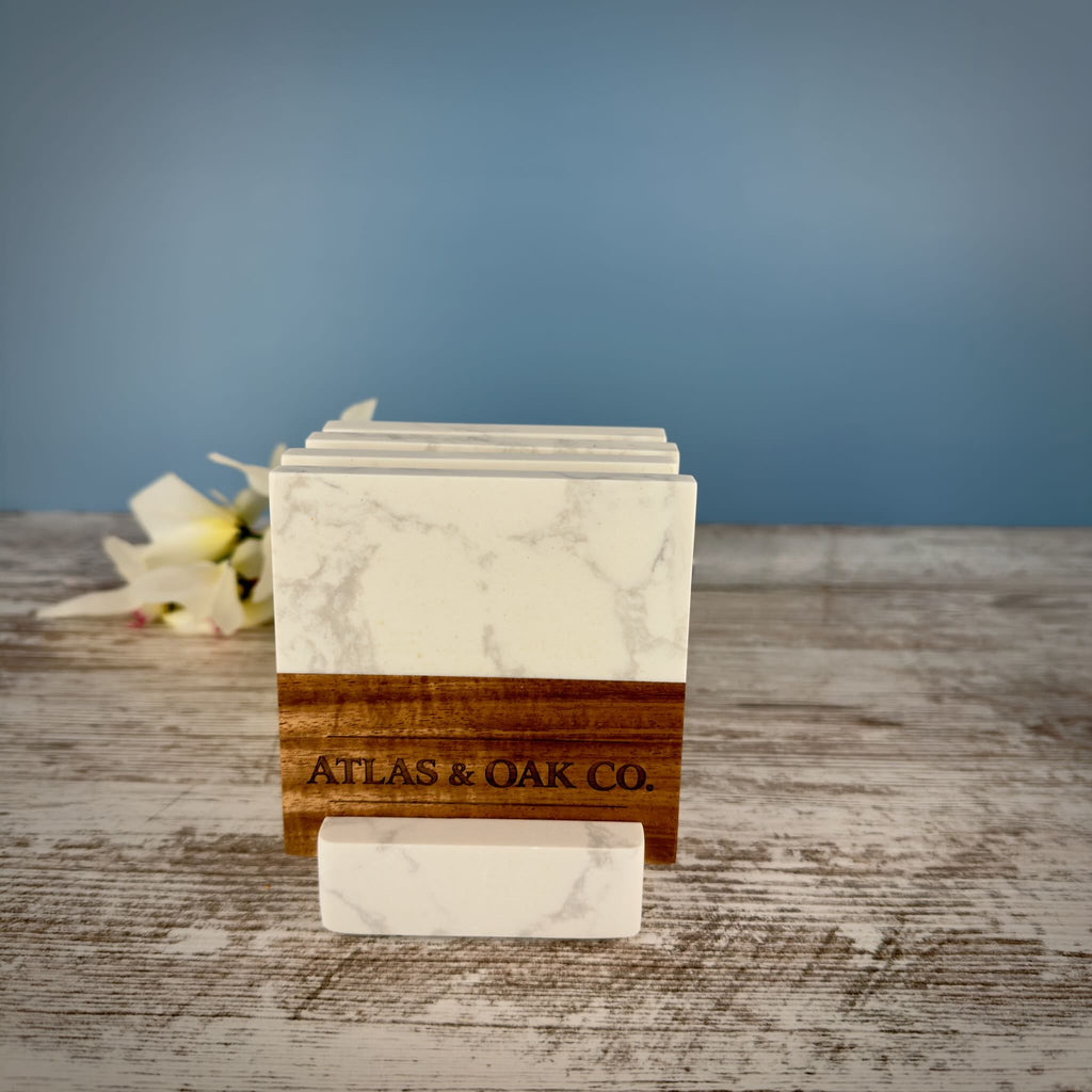 Personalized Marble & Acacia Wood Coaster Set – Custom Laser Engraved
