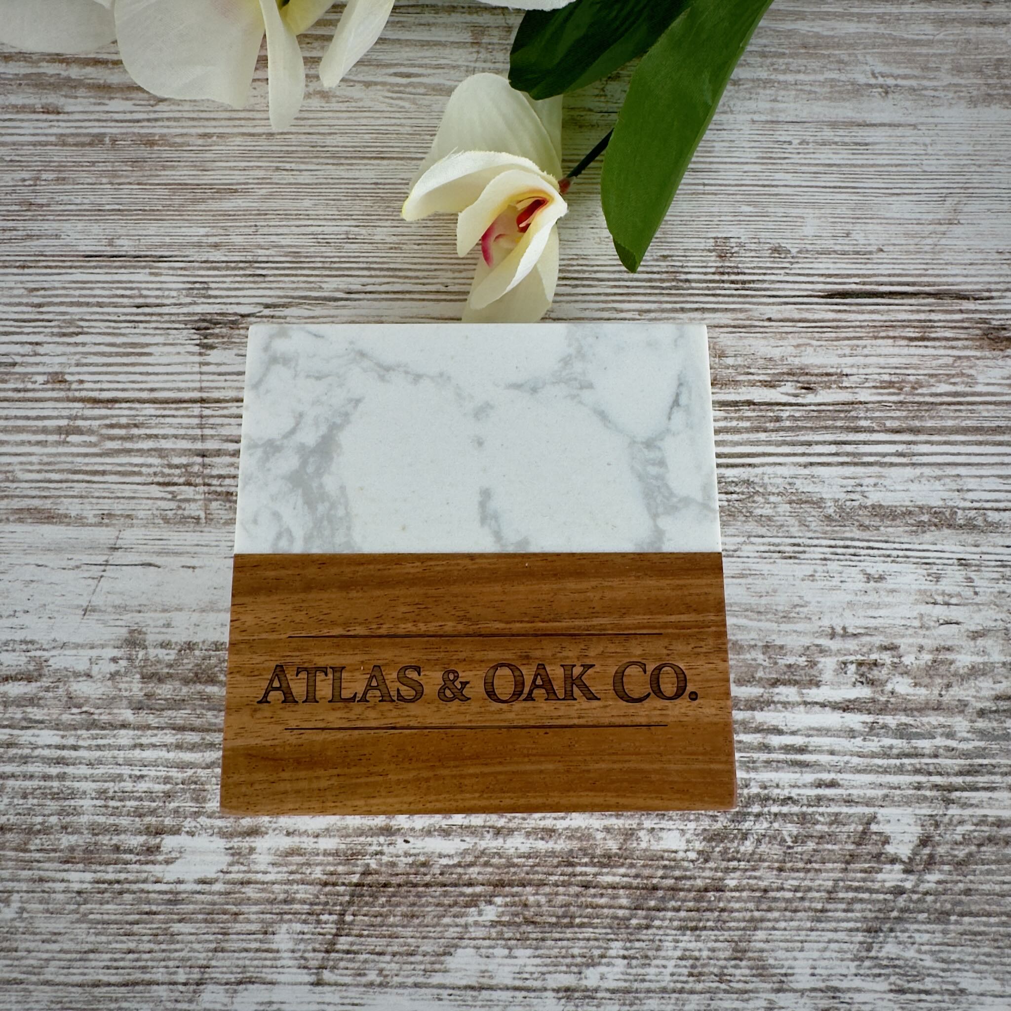 Personalized Marble & Acacia Wood Coaster Set – Custom Laser Engraved