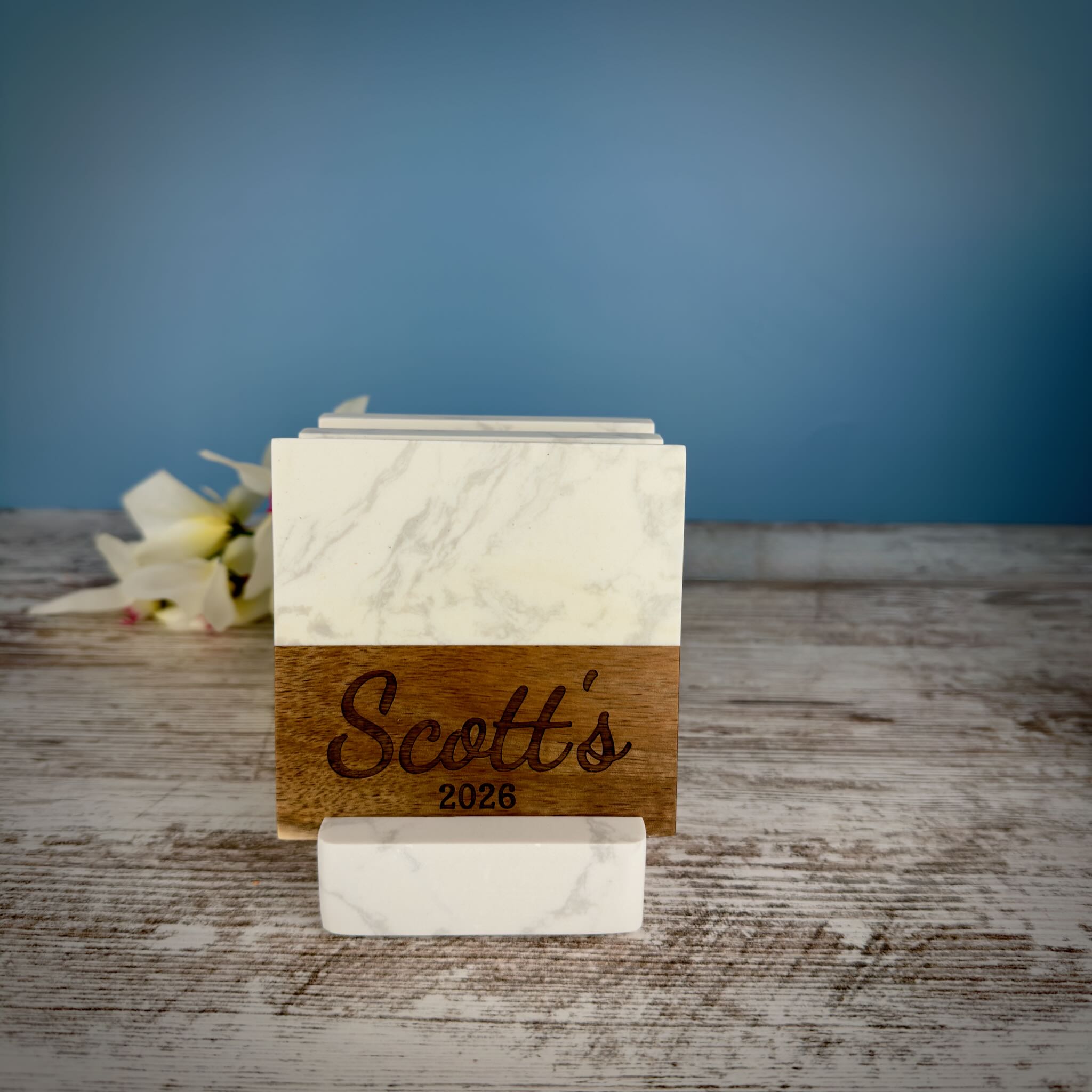 Personalized Marble & Acacia Wood Coaster Set – Custom Laser Engraved