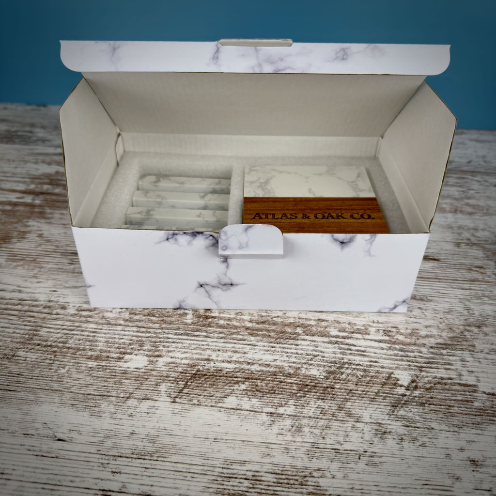 Personalized Marble & Acacia Wood Coaster Set – Custom Laser Engraved