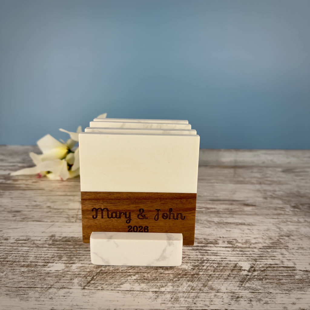 Personalized Marble & Acacia Wood Coaster Set – Custom Laser Engraved