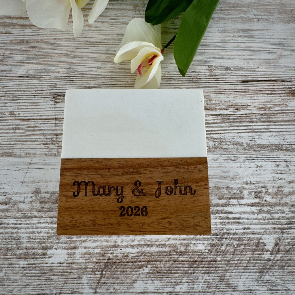 Personalized Marble & Acacia Wood Coaster Set – Custom Laser Engraved