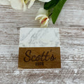 Personalized Marble & Acacia Wood Coaster Set – Custom Laser Engraved
