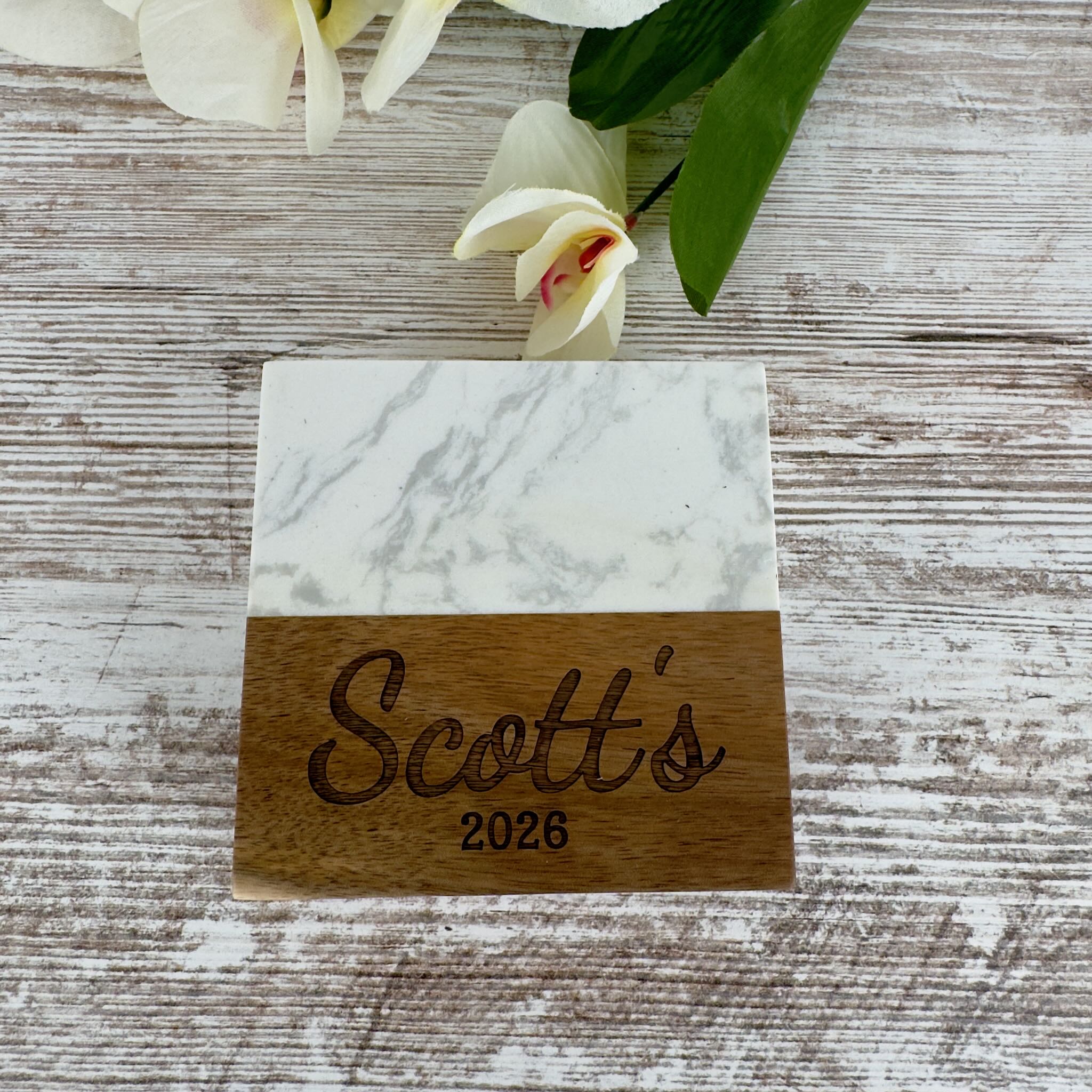 Personalized Marble & Acacia Wood Coaster Set – Custom Laser Engraved