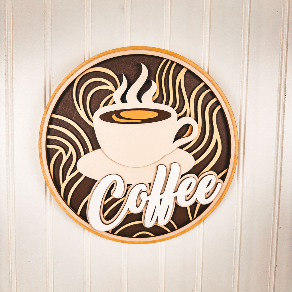 Wooden coffee cup sign in beige and brown