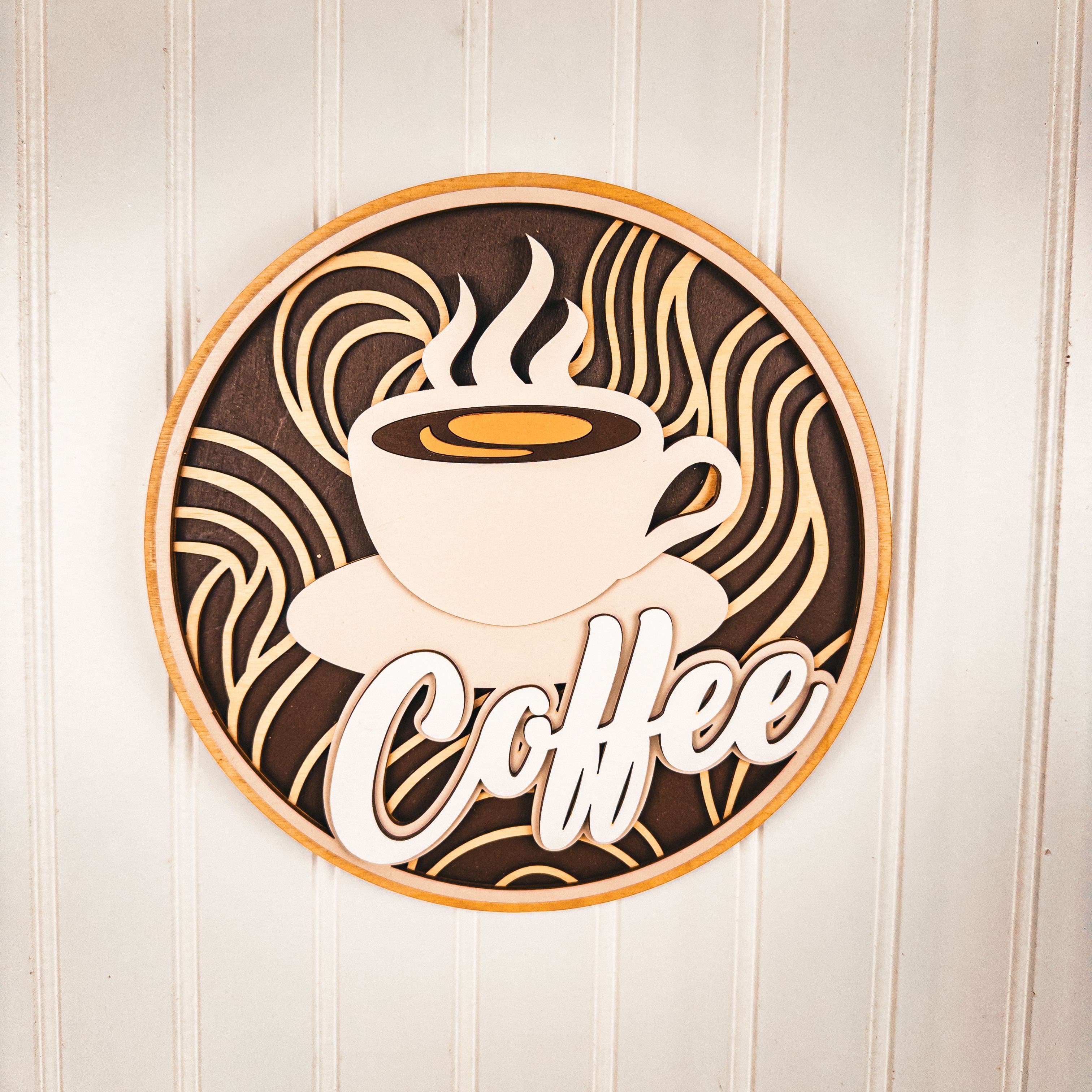Wooden coffee cup sign in beige and brown