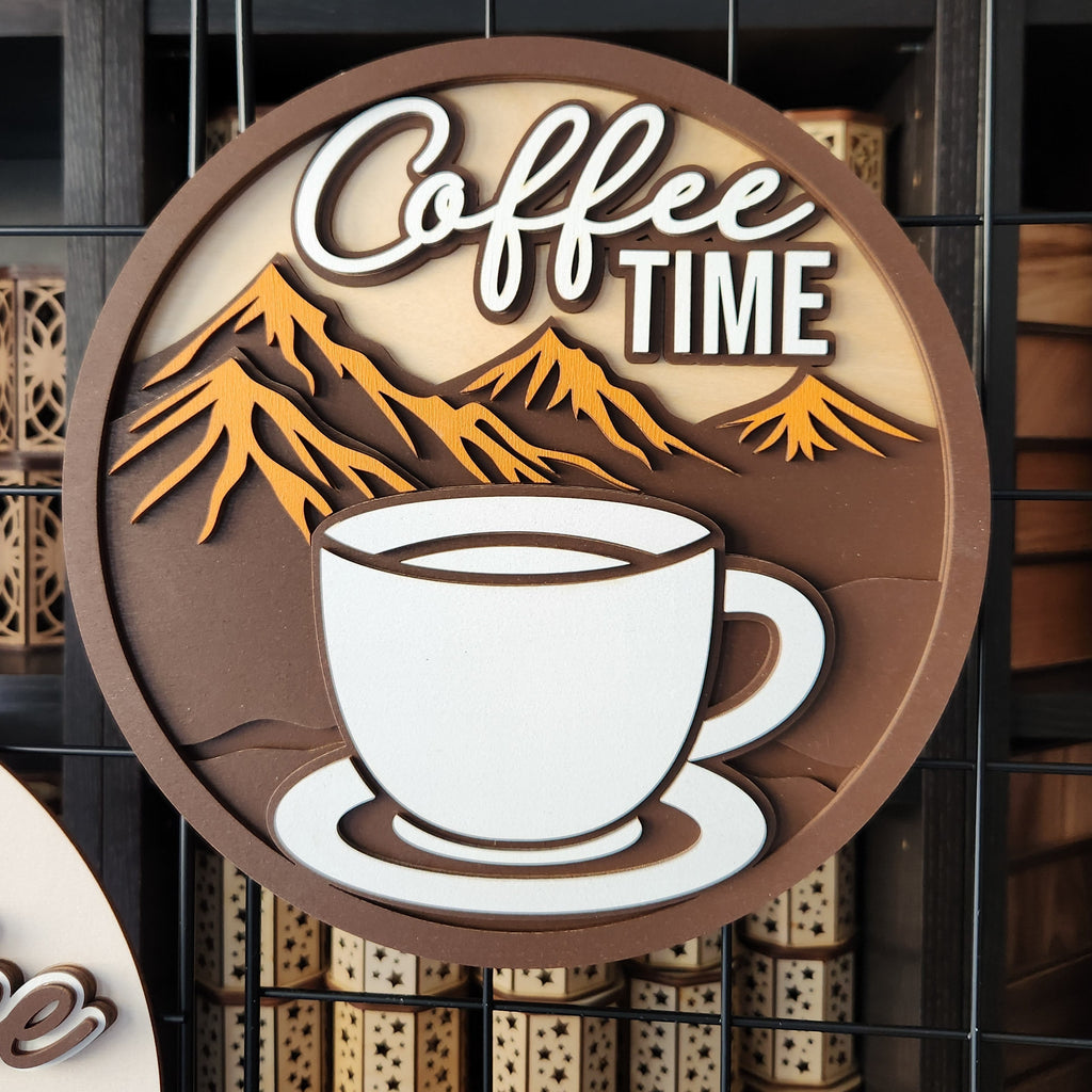 Wooden sign with mountains coffee cup 