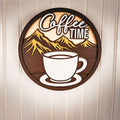Circular wooden sign with coffee time text and cup