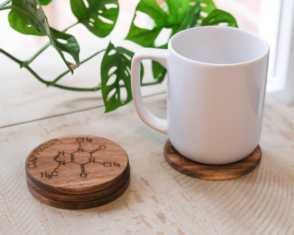 Acacia Wood Caffeine Coaster Set of Four - Scott Engraving - Engraved