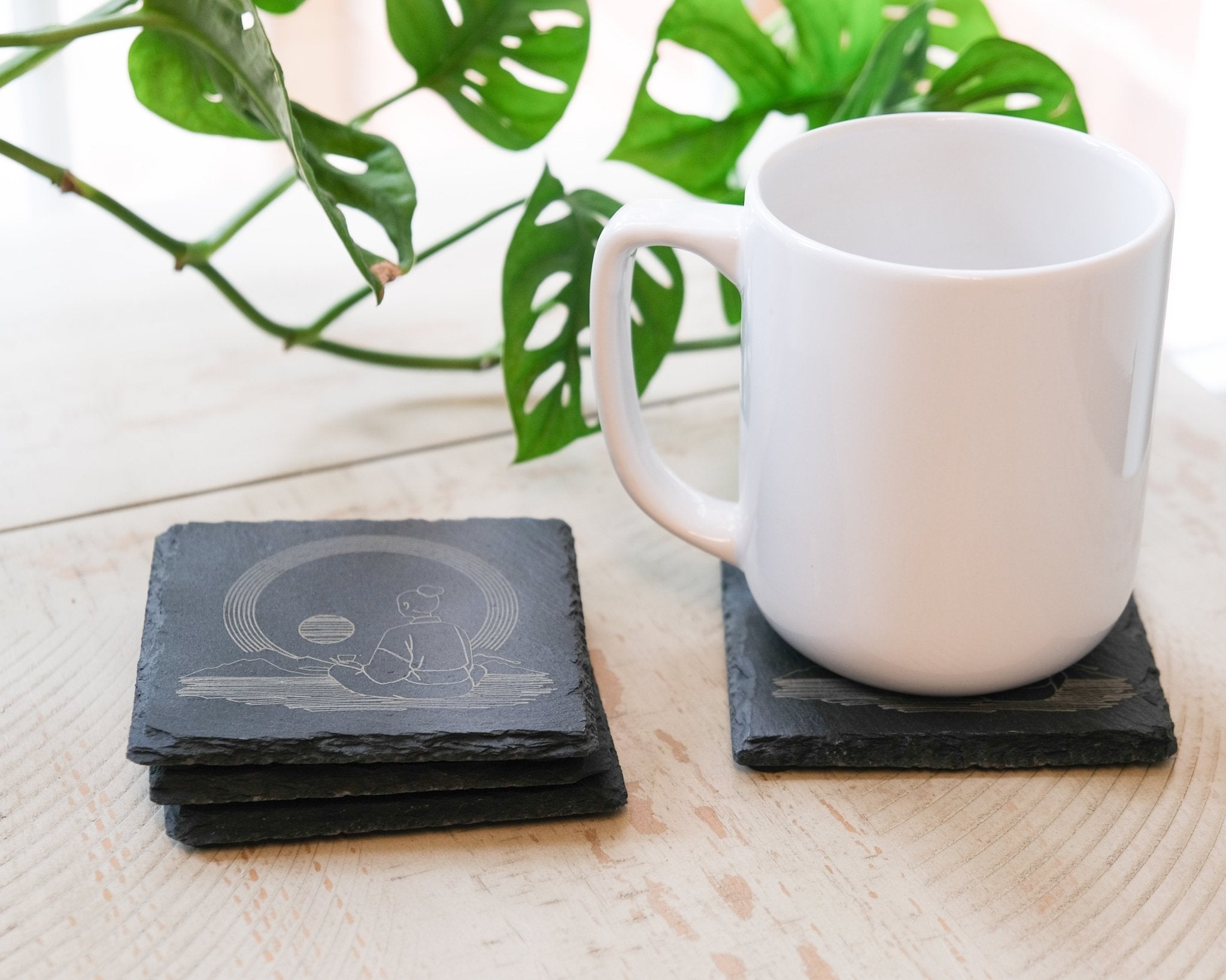 Meditation Sunrise Slate Coaster Set of Four - Scott Engraving - Engraved