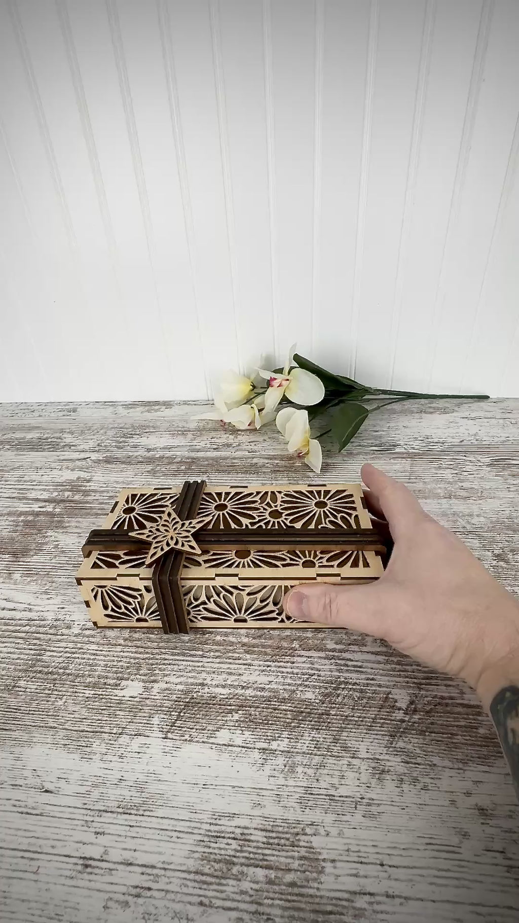 Decorative Laser Cut Wooden Gift Box – Baltic Birch with Optional Walnut Ribbon